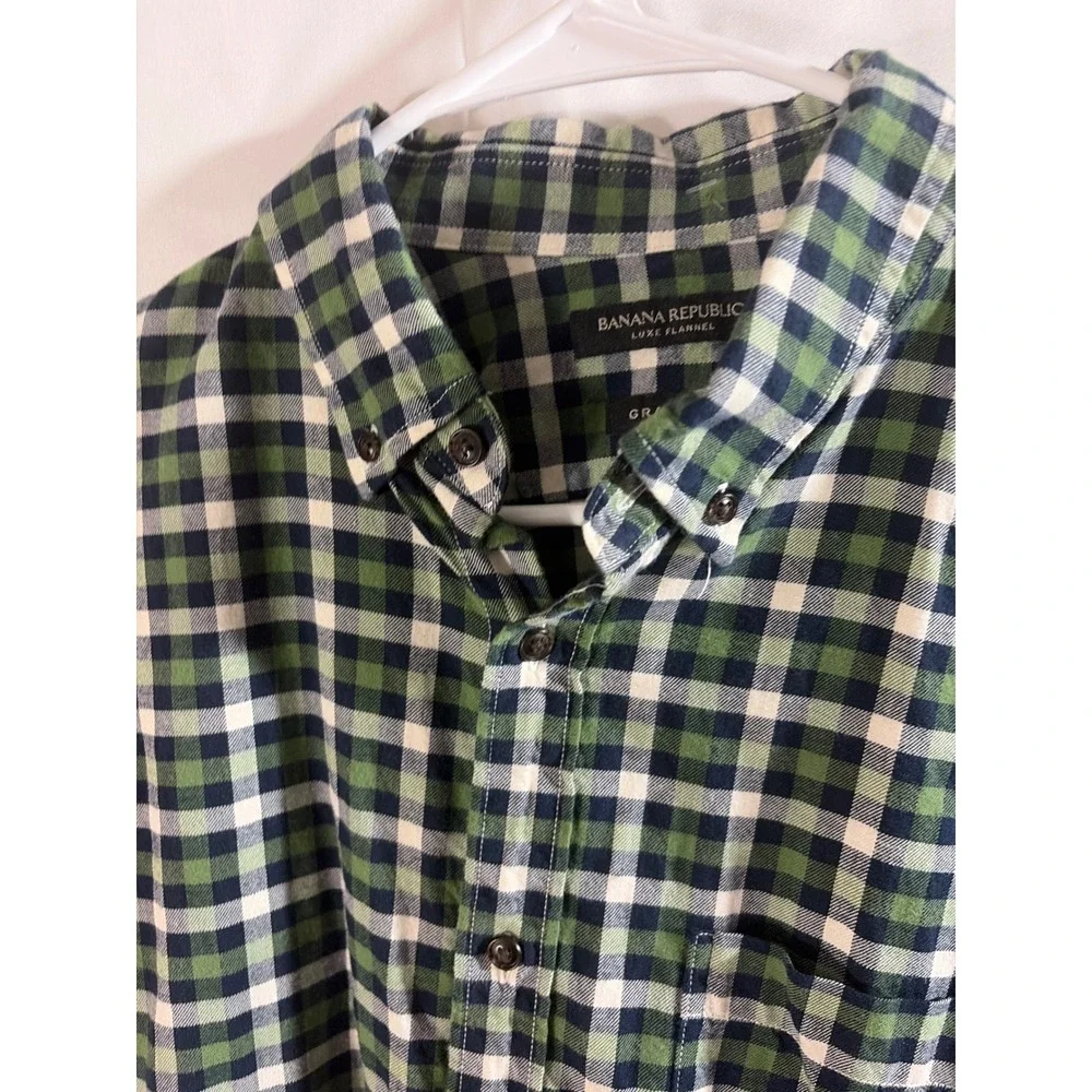 Banana Republic Luxe Flannel Shirt Mens XL Green Plaid Excellent Grant Fit